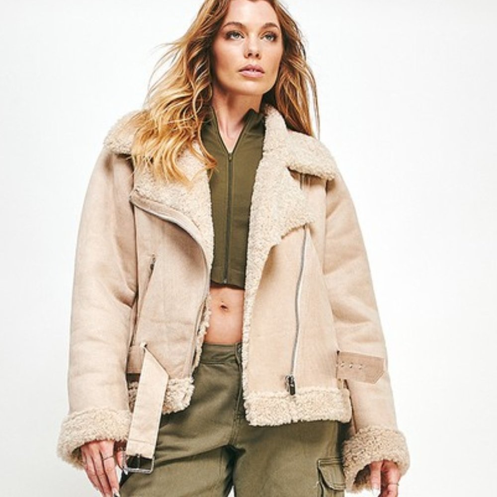 Miss Love Faux Suede Sherpa Moto Jacket Cream Shearling Lined NWT